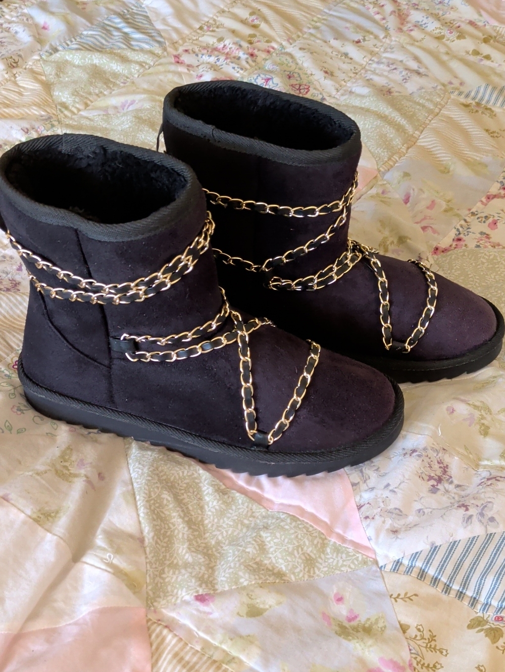 Shoe Dazzle Black Suede Winter Boots with Gold Chain Trim